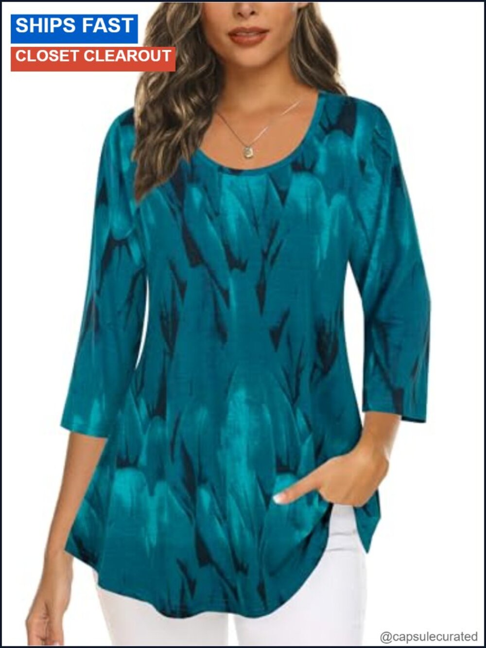 Women's 3/4 Sleeve Floral Tunic Pleated Blouse Dressy Casual Loose